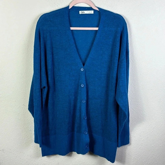 Zara Wool Alpaca Blend V-Neck Oversized Lightweight Cardigan teal blue sz medium - Picture 9 of 9